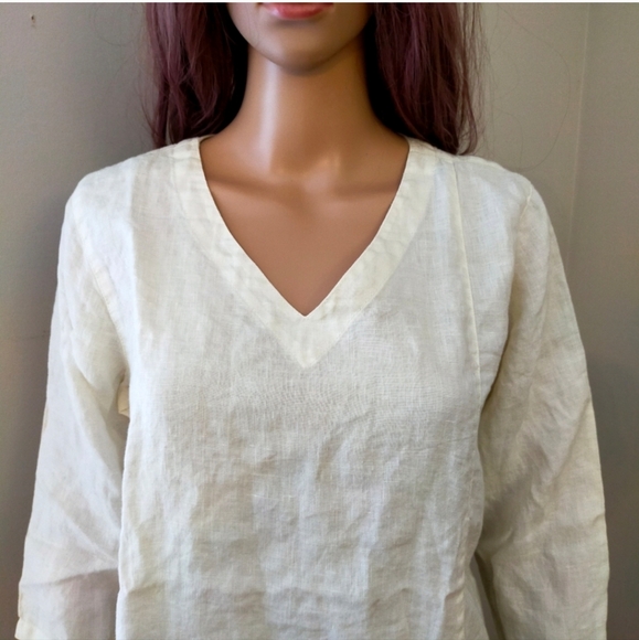 Click By Color Me Cotton Cream V Neck Linen 3/4 Blouse Top Oversized - Picture 2 of 12